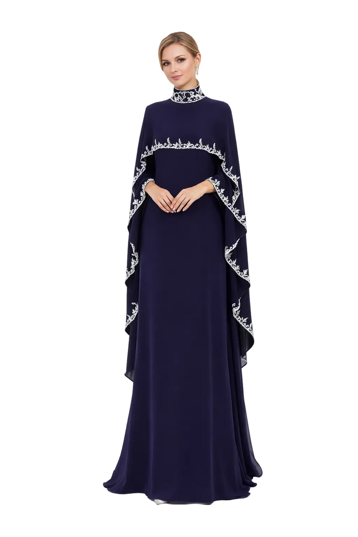 embroidered cape sleeve maxi dress with high neckline – RUBELLA