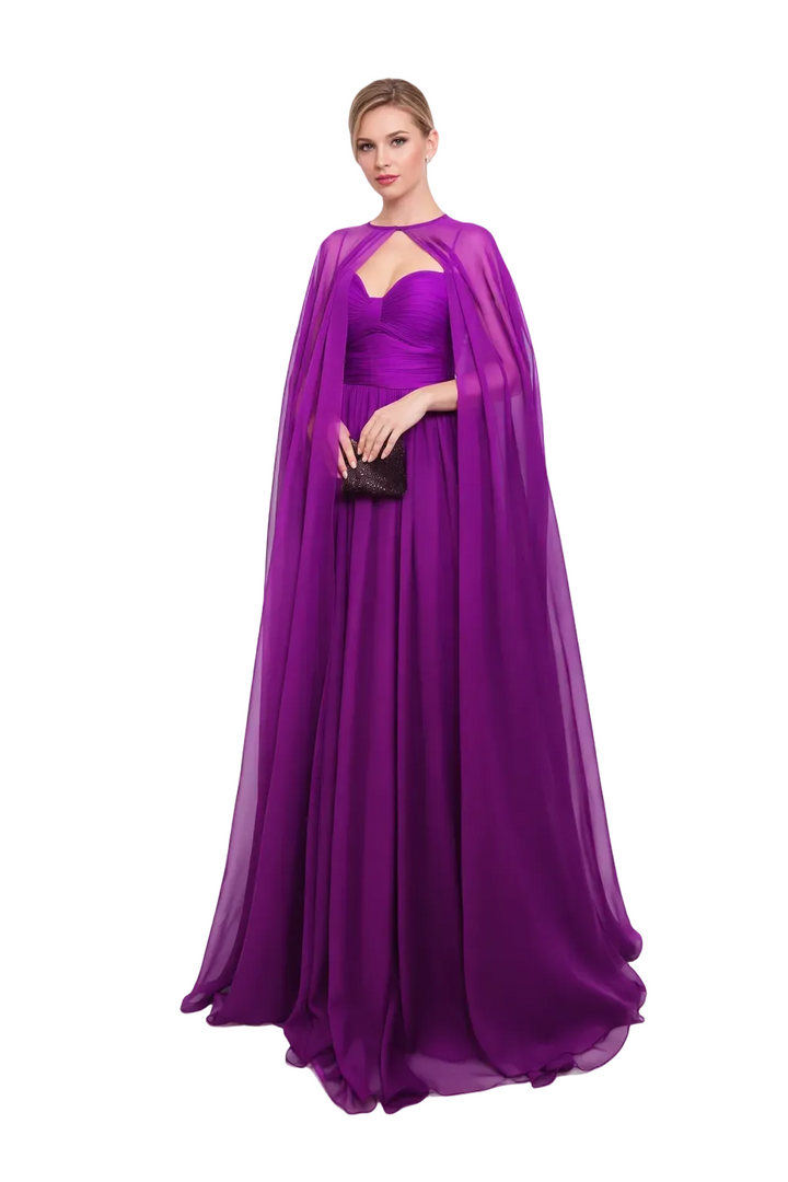 sweetheart pleated maxi dress with flowing cape – VIOLETTE