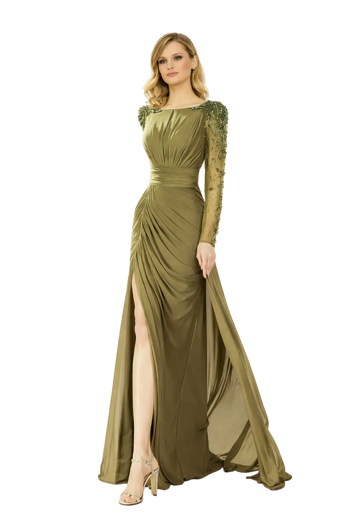 draped satin maxi dress with embellished sheer sleeves – OLIVIA