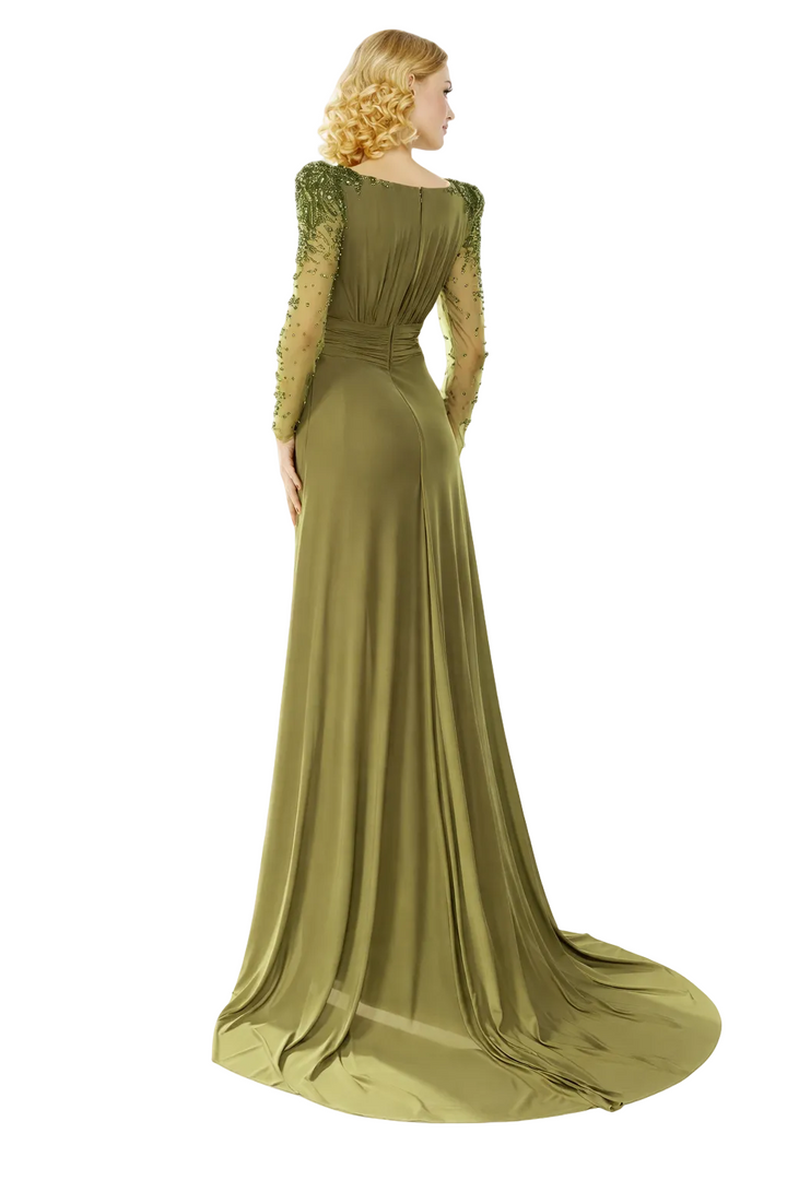 draped satin maxi dress with embellished sheer sleeves – OLIVIA