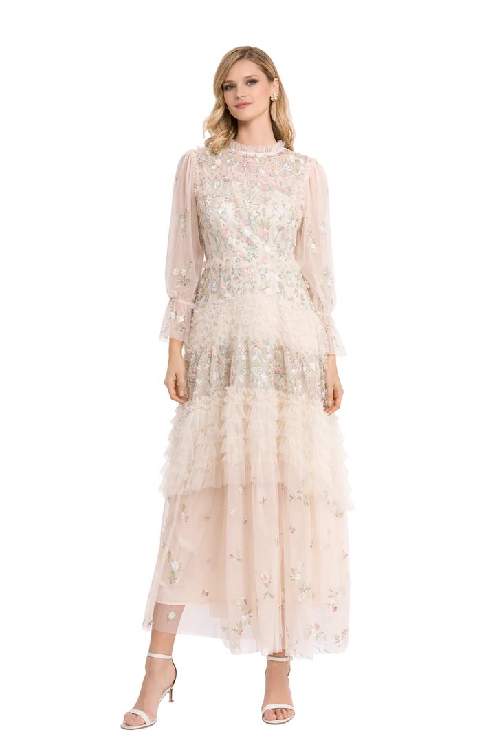embroidered tulle midi dress with layered ruffle skirt – FLORENTIA