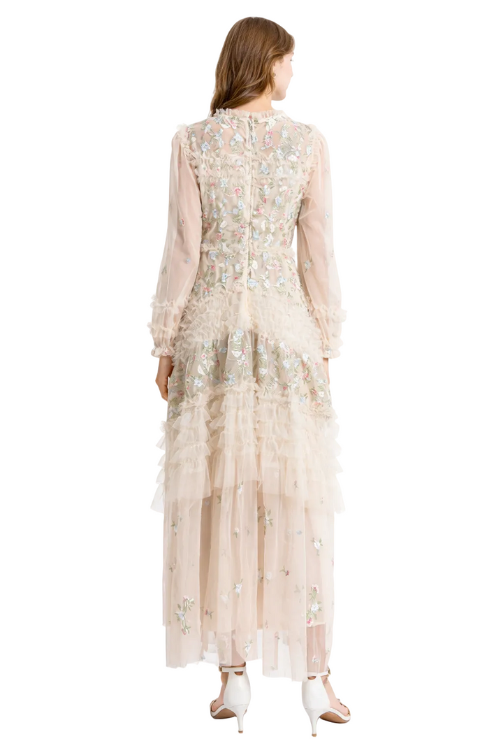 embroidered tulle midi dress with layered ruffle skirt – FLORENTIA