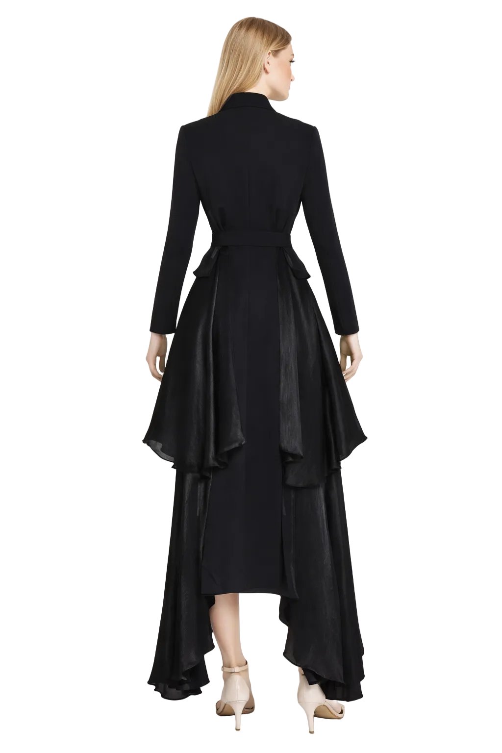belted asymmetric layered coat dress with gold buttons – NOCTIS