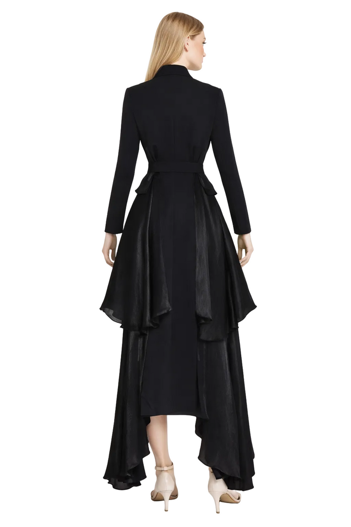 belted asymmetric layered coat dress with gold buttons – NOCTIS