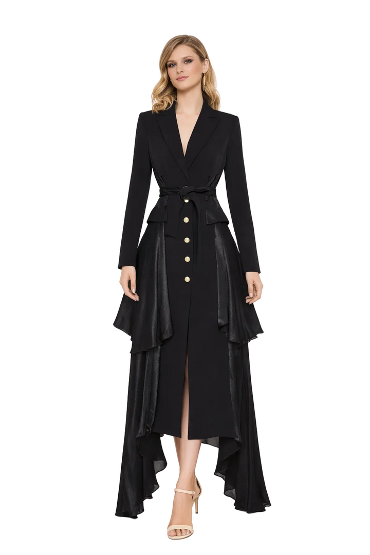 belted asymmetric layered coat dress with gold buttons – NOCTIS