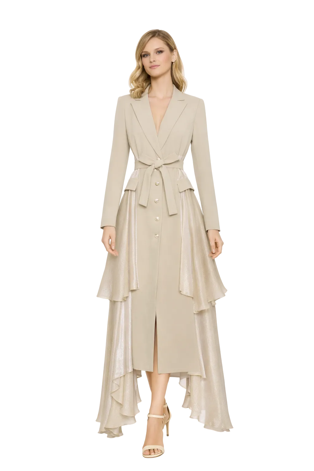 belted asymmetric layered coat dress with gold buttons – NOCTIS
