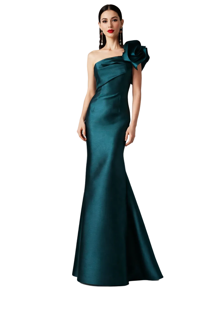 one-shoulder satin mermaid dress with sculpted floral detail – EMEOM