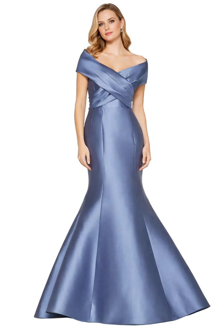 off-shoulder satin mermaid dress with crossover bodice – STEEL