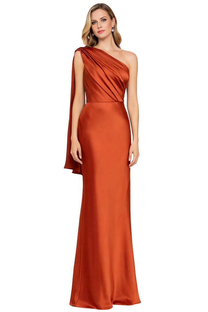 one-shoulder draped satin column dress with flowing cape – ROTTA