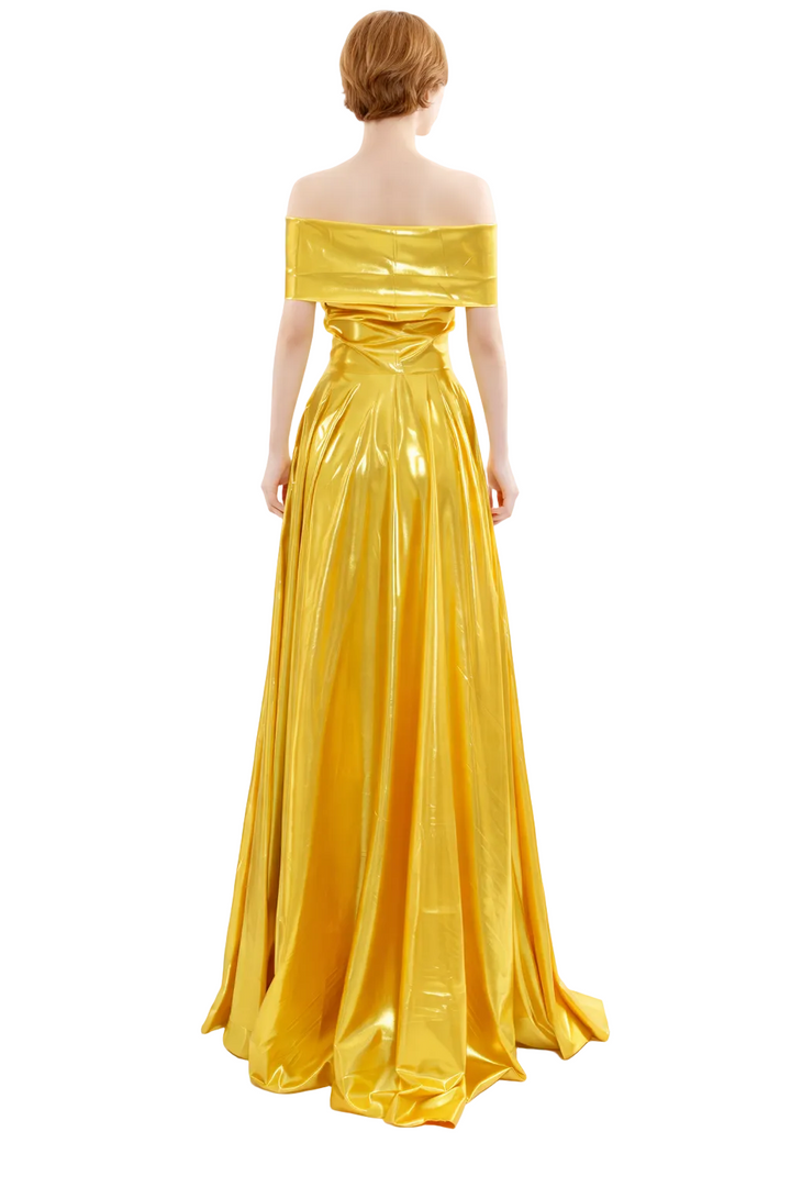 off-shoulder metallic satin ball gown with draped bodice – GOLEN