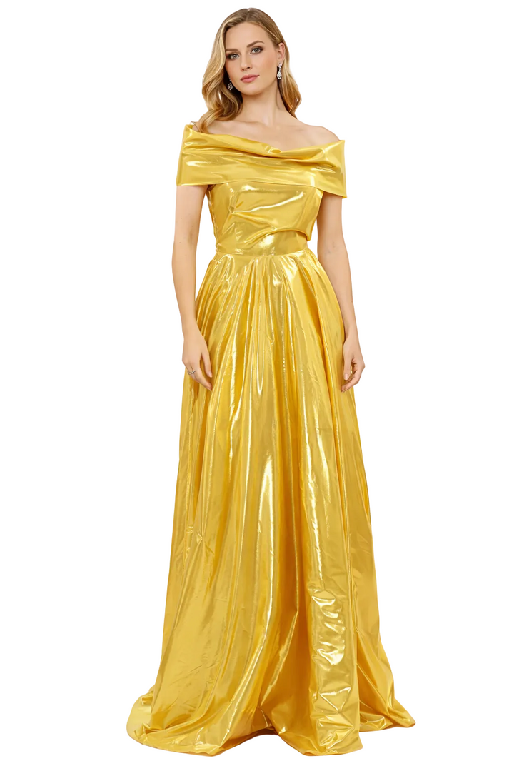 off-shoulder metallic satin ball gown with draped bodice – GOLEN