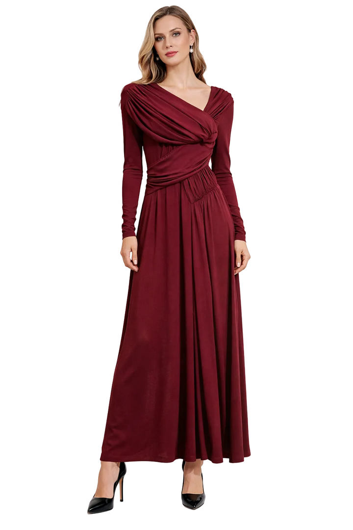 long sleeve draped jersey maxi dress with gathered waist – ELEGANCE
