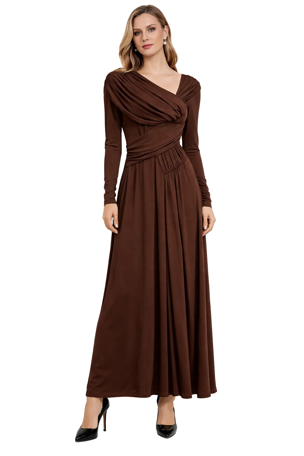 long sleeve draped jersey maxi dress with gathered waist – ELEGANCE