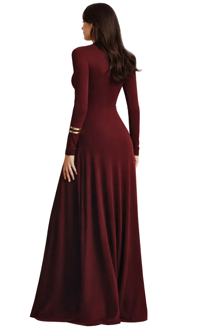 long sleeve draped jersey maxi dress with gathered waist – ELEGANCE