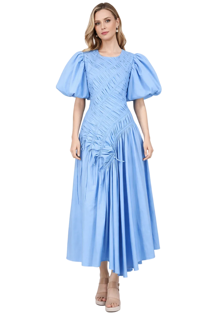 puff sleeve ruched maxi dress with crisscross bodice – FLARE