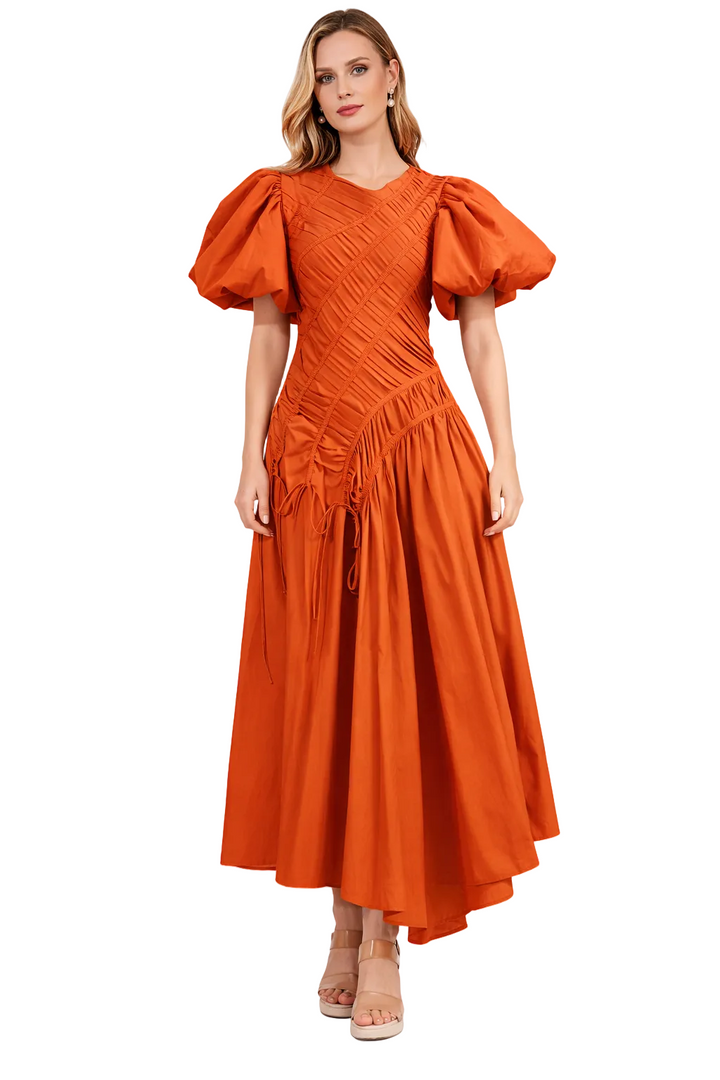 puff sleeve ruched maxi dress with crisscross bodice – FLARE