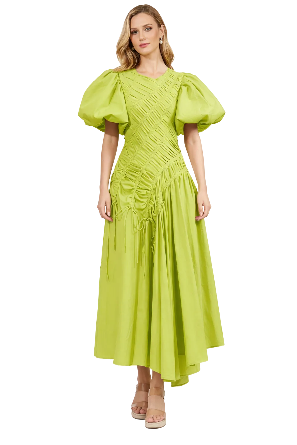 puff sleeve ruched maxi dress with crisscross bodice – FLARE