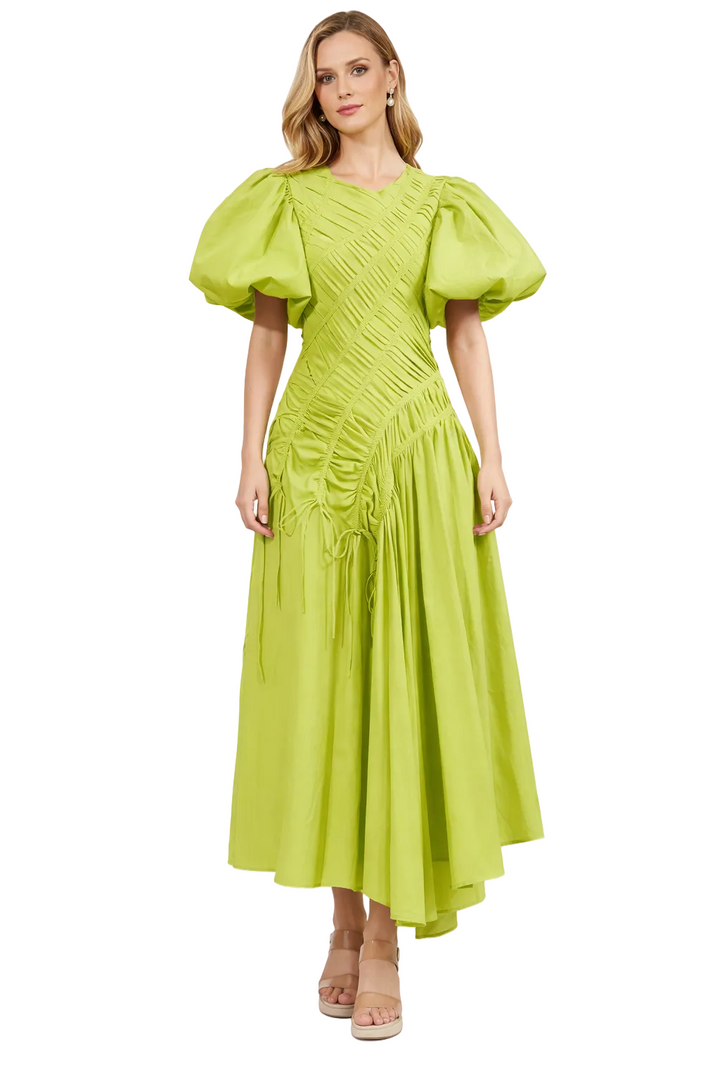puff sleeve ruched maxi dress with crisscross bodice – FLARE