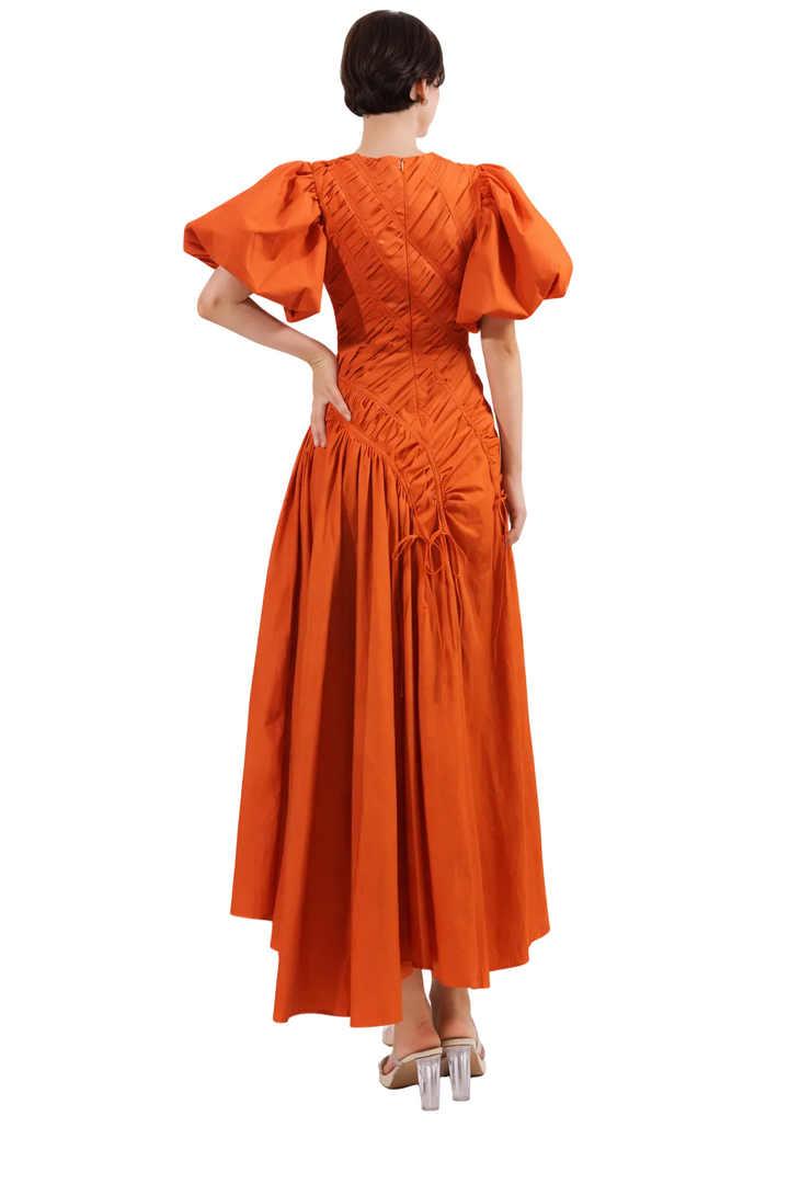 puff sleeve ruched maxi dress with crisscross bodice – FLARE