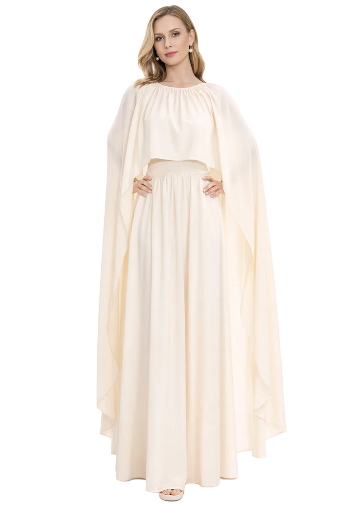 high-neck cape maxi dress with gathered waist – MAJESTY