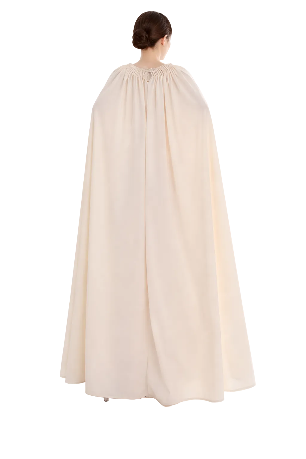 high-neck cape maxi dress with gathered waist – MAJESTY