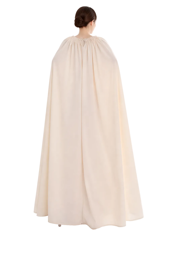 high-neck cape maxi dress with gathered waist – MAJESTY