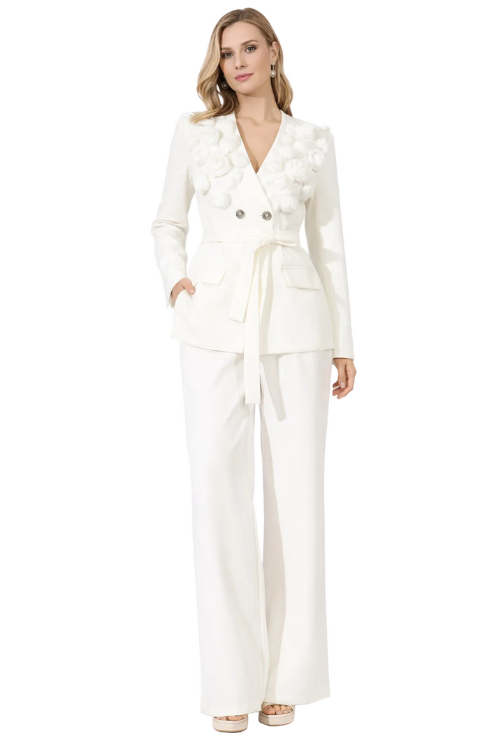 double-breasted blazer with floral appliqué and wide-leg pants set – PEARL