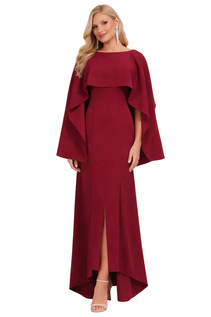 cape-style asymmetric midi dress with front slit – VEIL