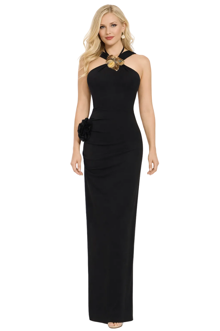halter-neck ruched column dress with floral accent – NOIOM