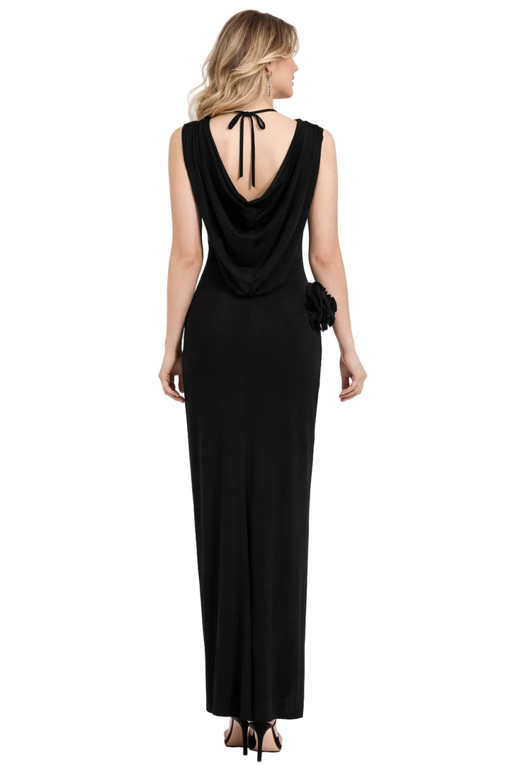 halter-neck ruched column dress with floral accent – NOIOM