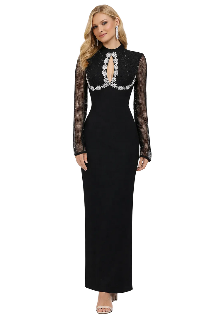 high-neck mesh sleeve column dress with embellished neckline – GRACE