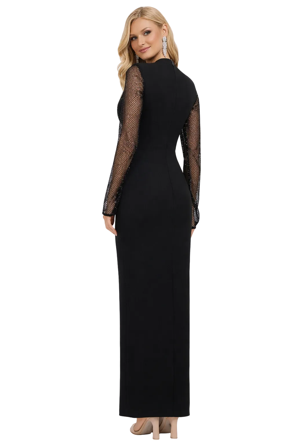 high-neck mesh sleeve column dress with embellished neckline – GRACE
