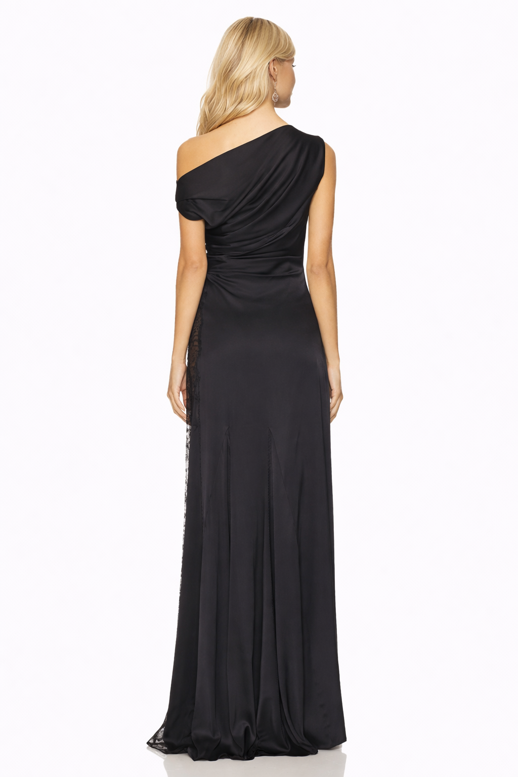 one-shoulder ruched gown with lace side panel – ALLURE