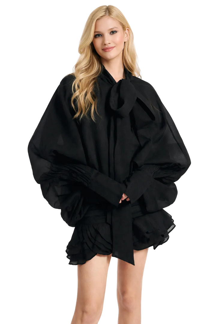 oversized bow-neck mini dress with layered ruffle hem – CHARM