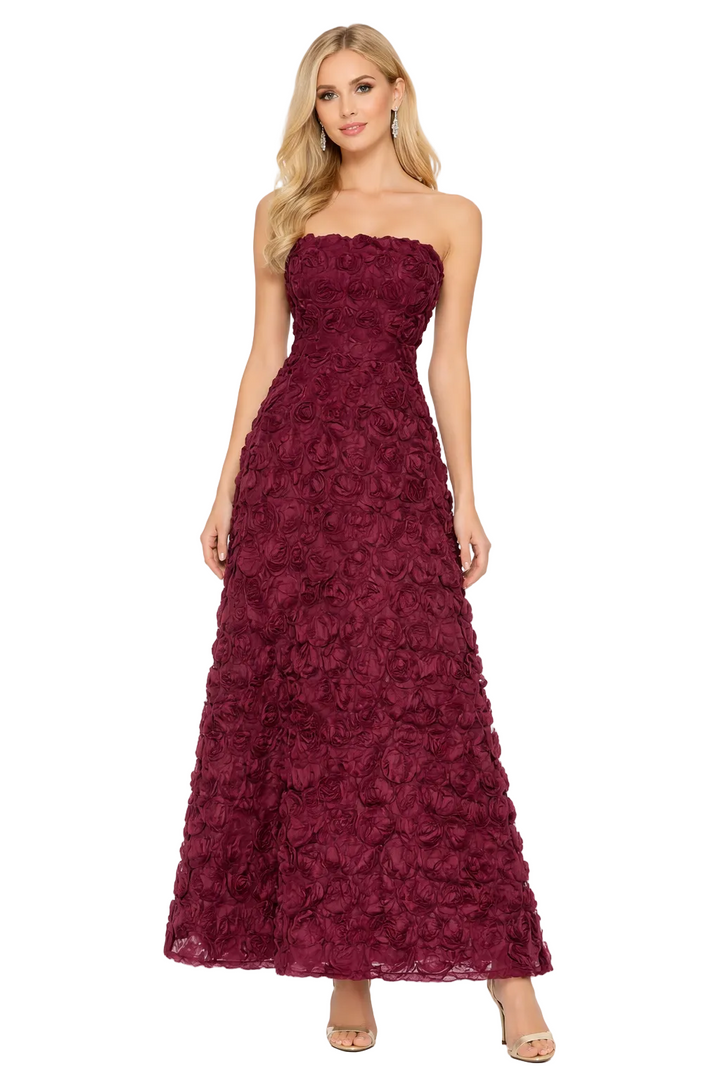 strapless 3D rose textured midi dress – CRIMSON