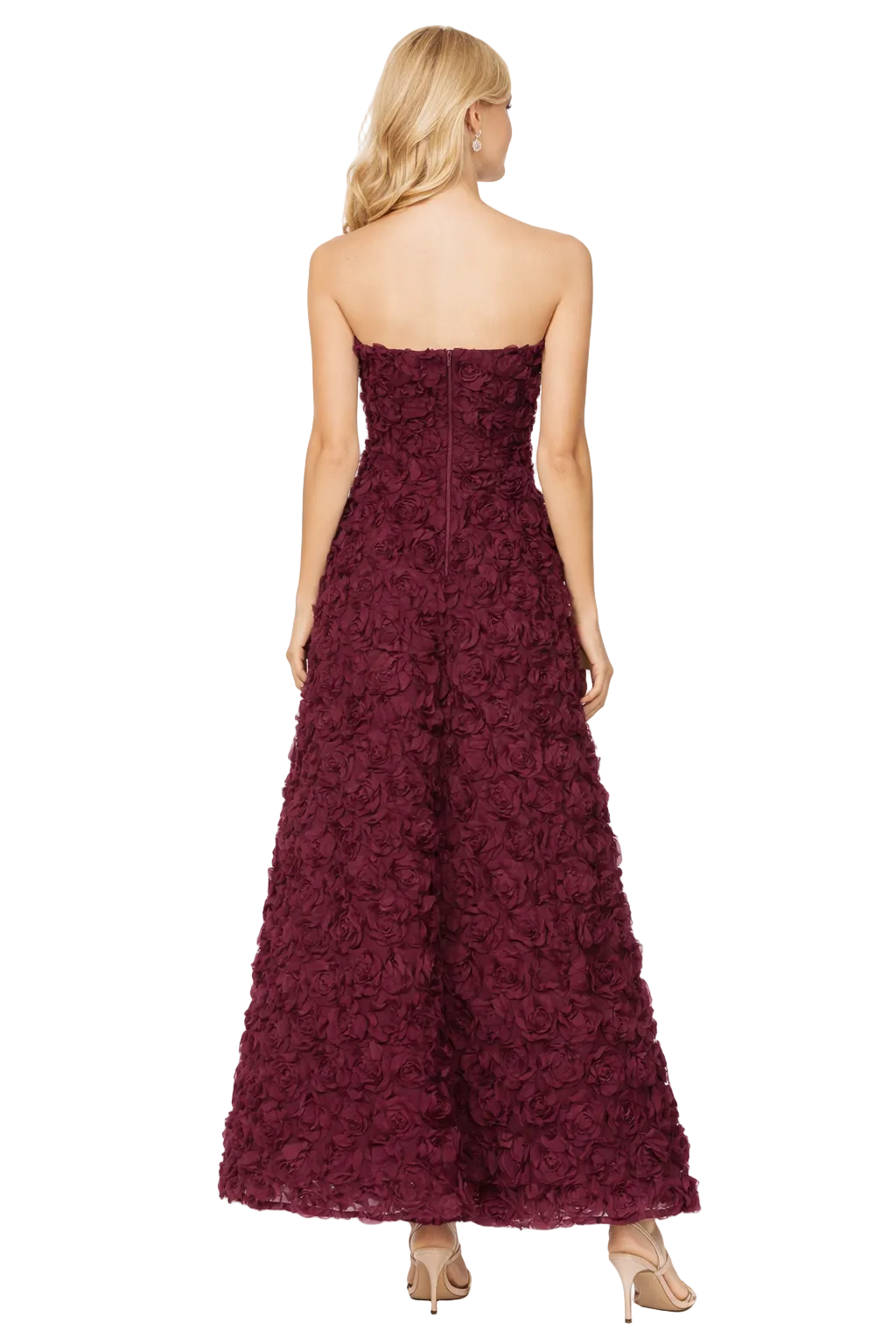strapless 3D rose textured midi dress – CRIMSON