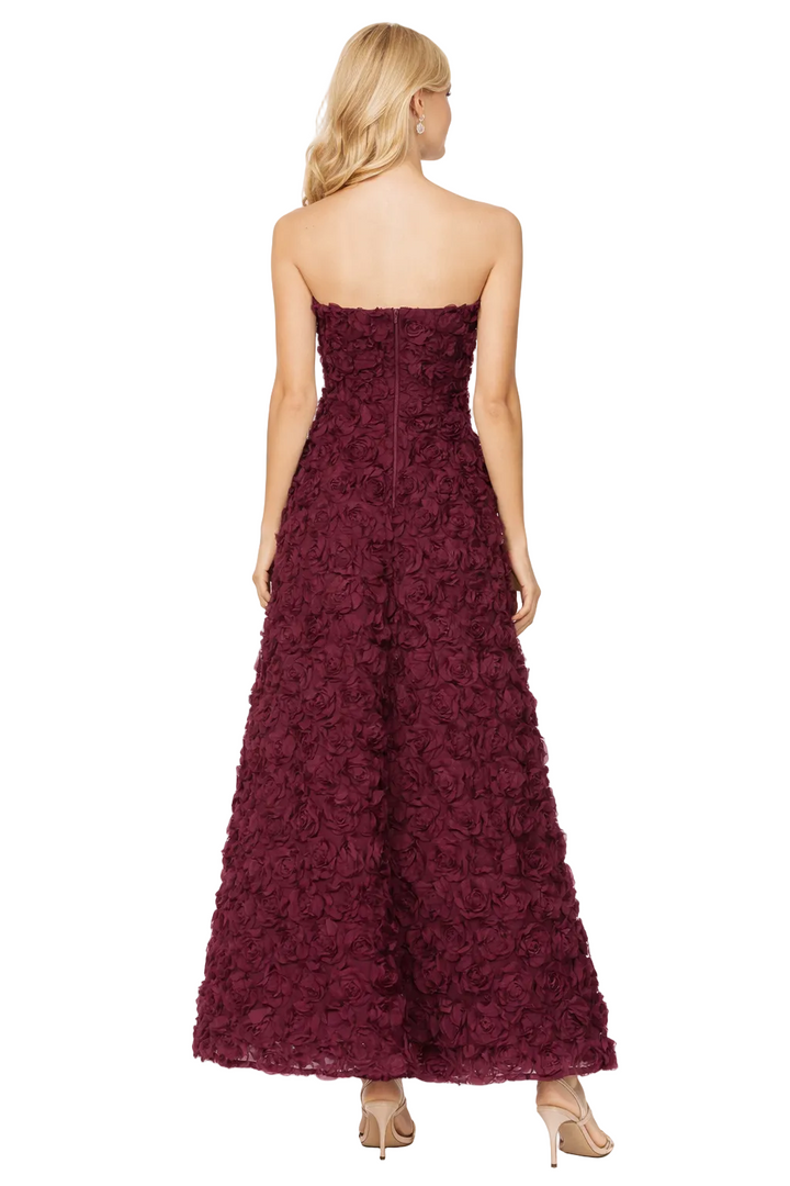 strapless 3D rose textured midi dress – CRIMSON