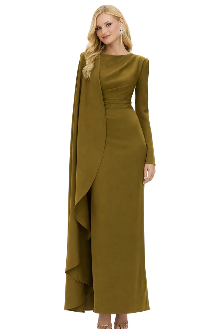 long sleeve draped column dress with asymmetric overlay – OLIVE