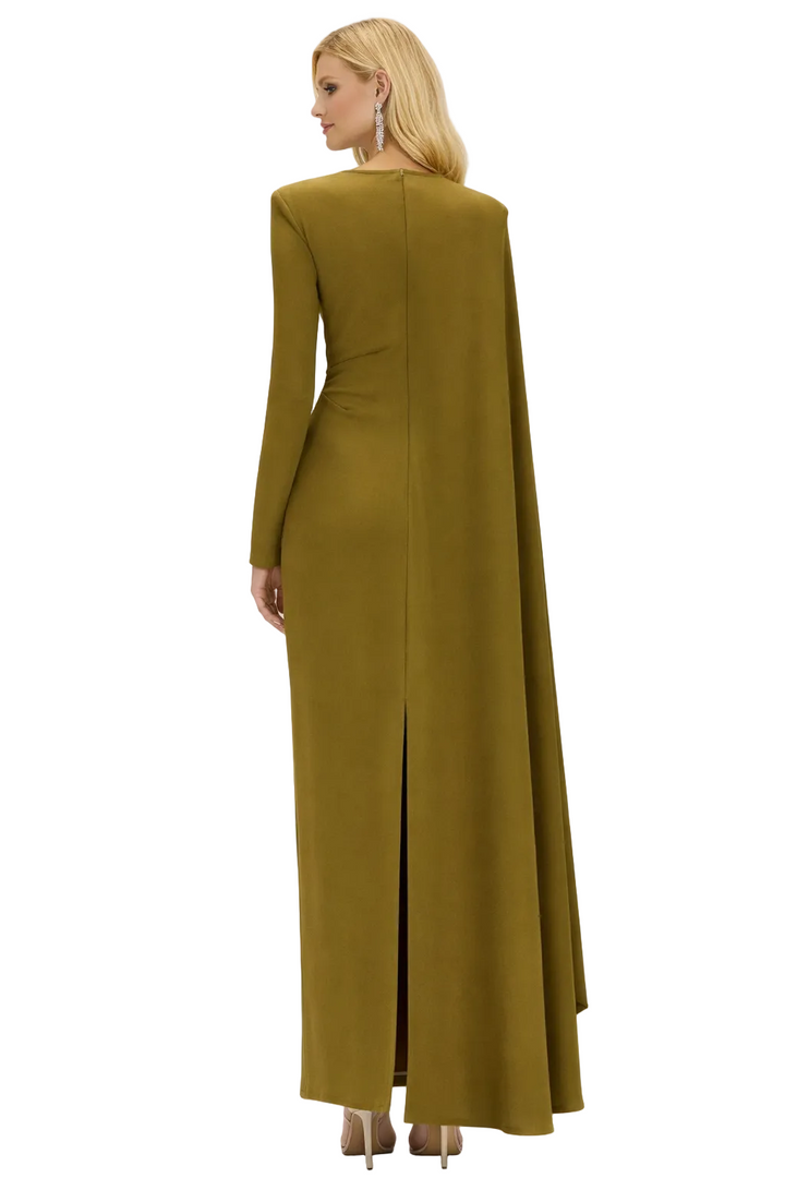long sleeve draped column dress with asymmetric overlay – OLIVE