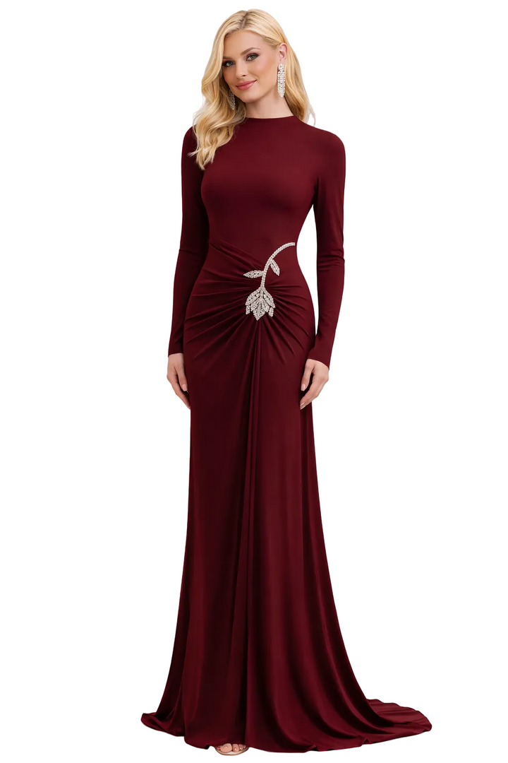 long sleeve ruched waist gown with crystal brooch – EMPRESS