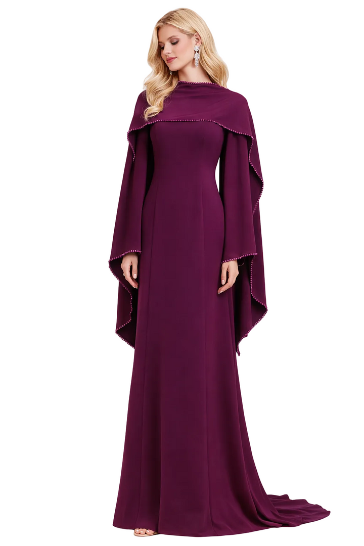 high-neck cape sleeve column gown with pearl trim – ROYALE