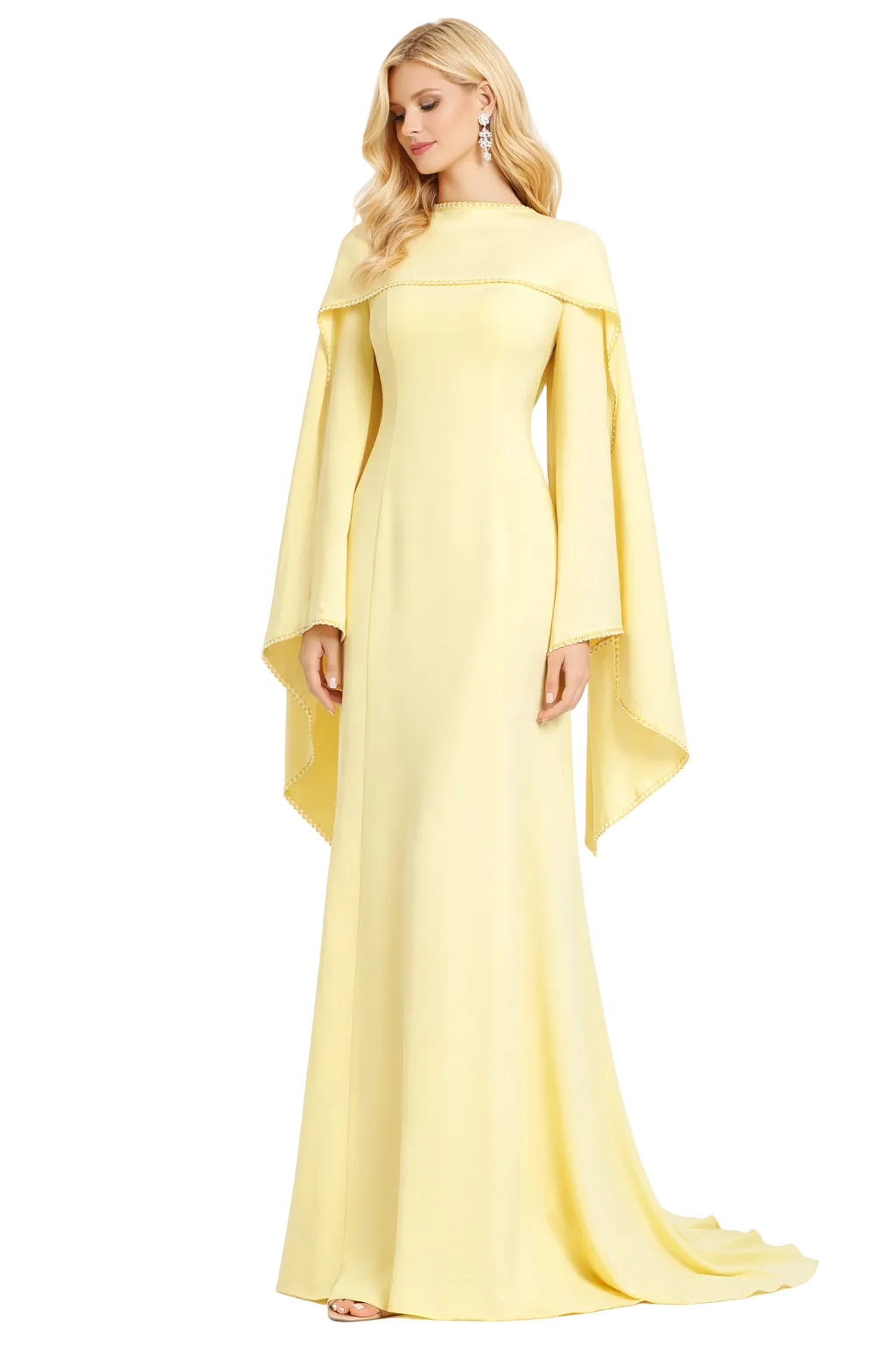 high-neck cape sleeve column gown with pearl trim – ROYALE