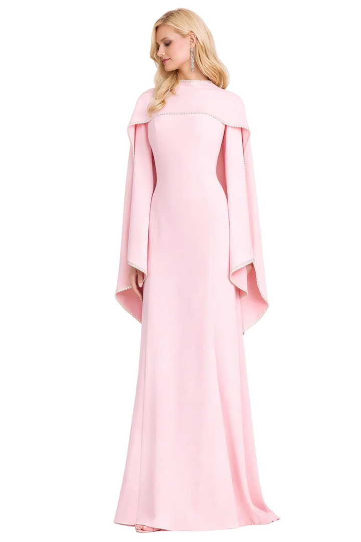 high-neck cape sleeve column gown with pearl trim – ROYALE