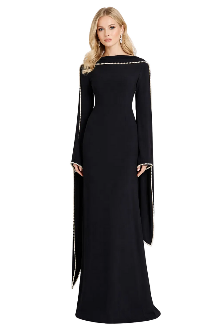 high-neck cape sleeve column gown with pearl trim – ROYALE