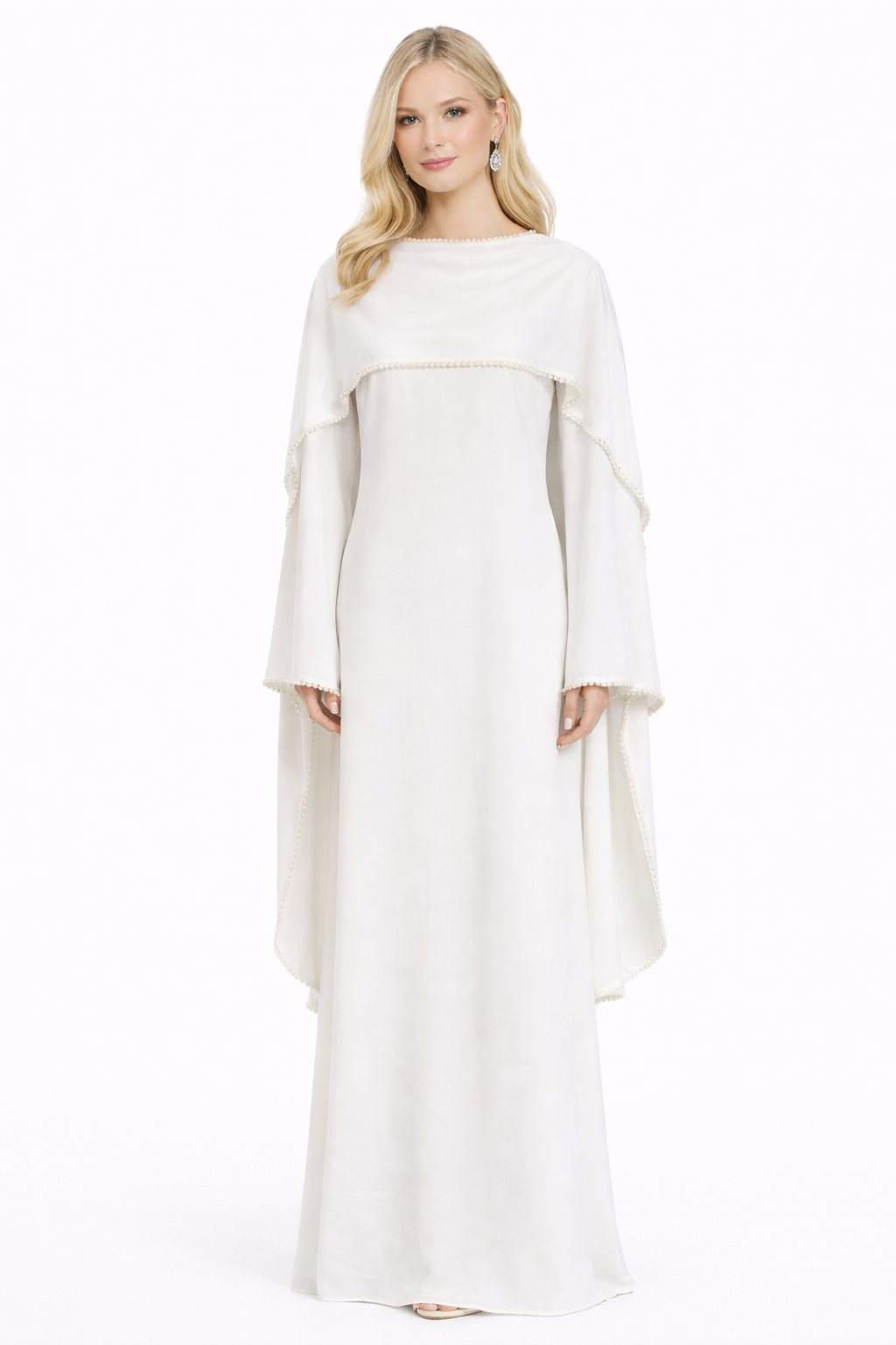 high-neck cape sleeve column gown with pearl trim – ROYALE