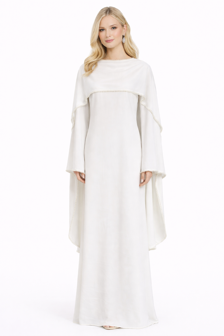high-neck cape sleeve column gown with pearl trim – ROYALE