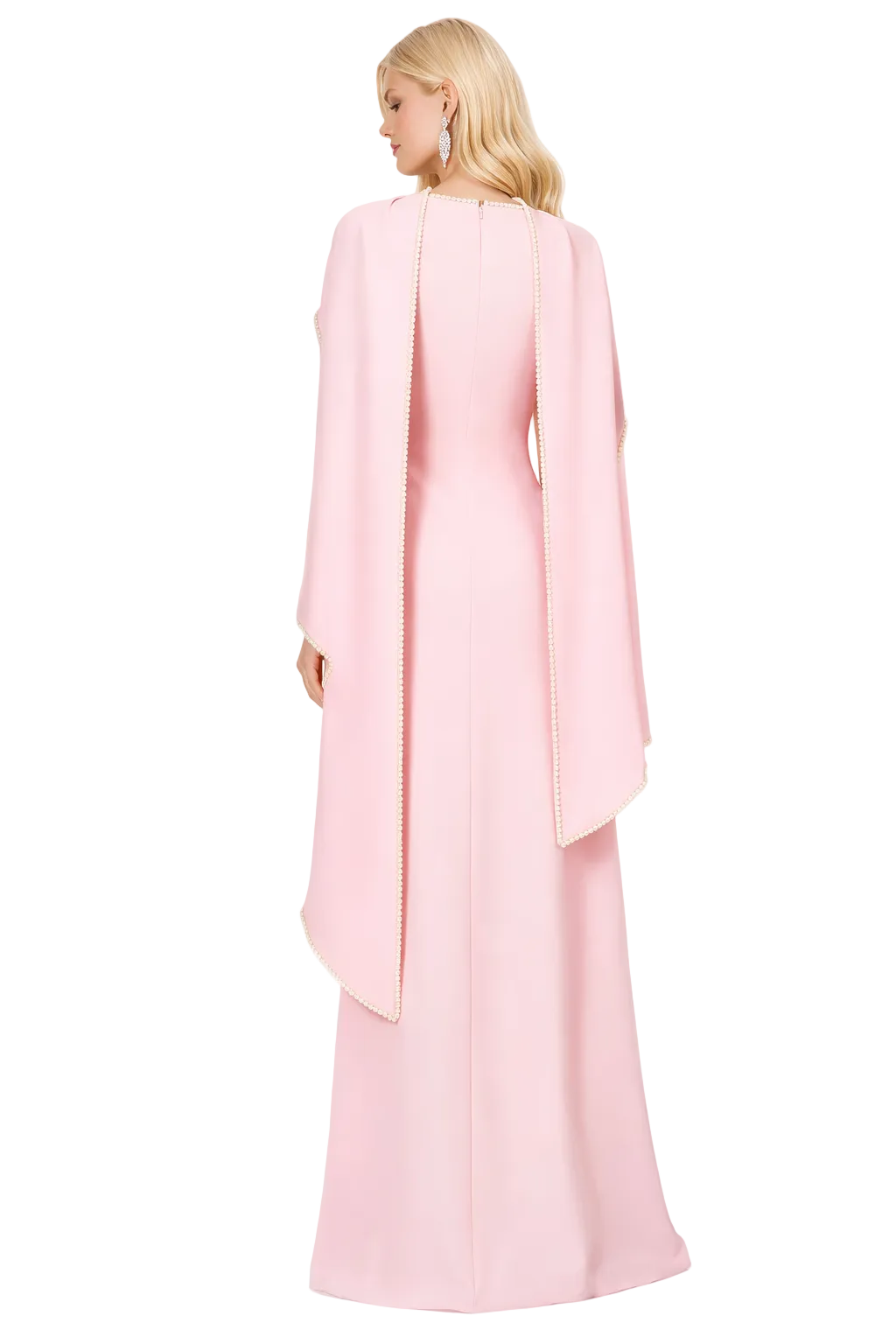 high-neck cape sleeve column gown with pearl trim – ROYALE