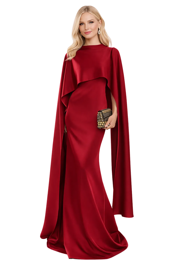 asymmetric cape sleeve column gown with draped overlay – CRIMSON