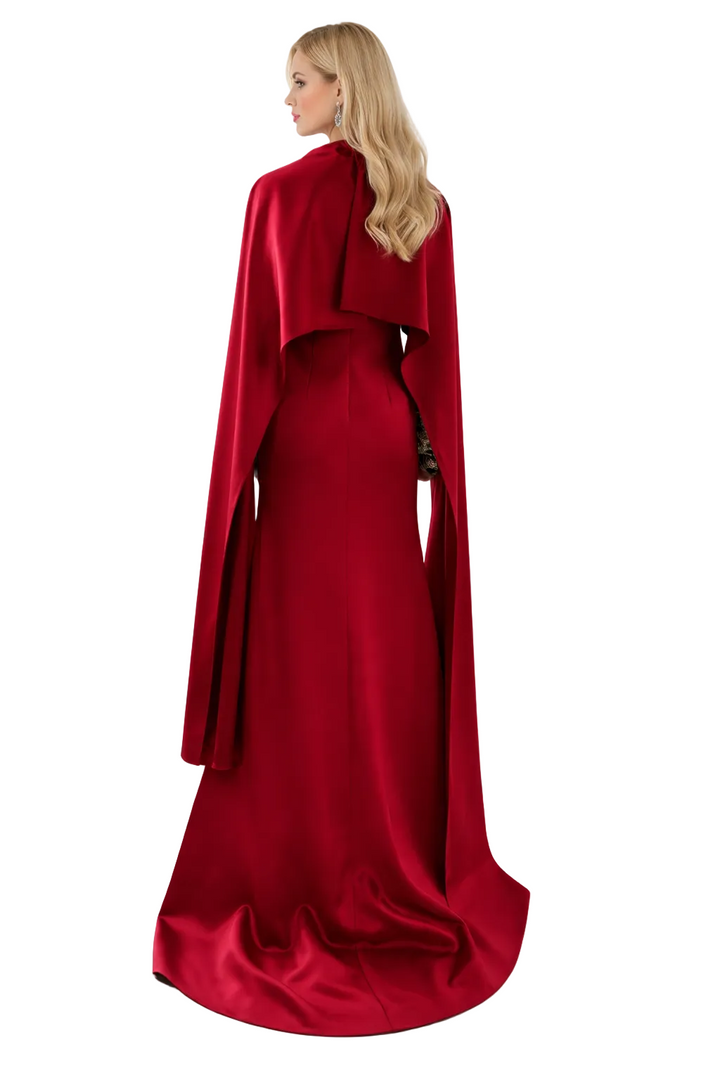 asymmetric cape sleeve column gown with draped overlay – CRIMSON