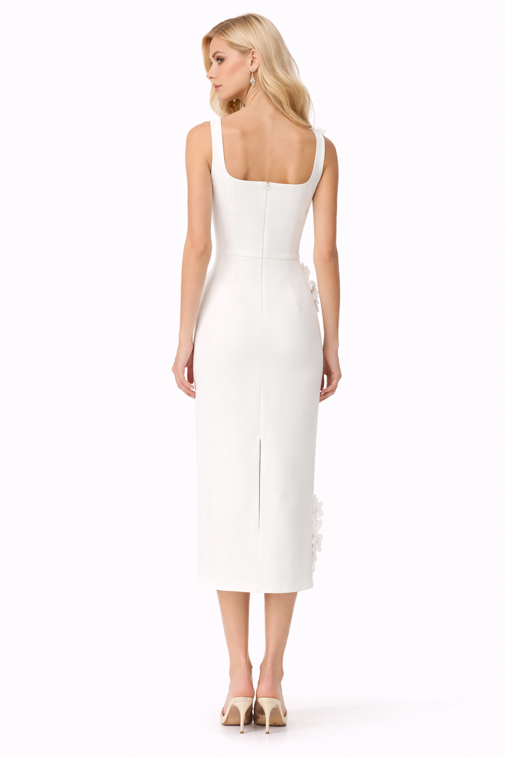 sleeveless square-neck midi dress with floral appliqué – PETAL